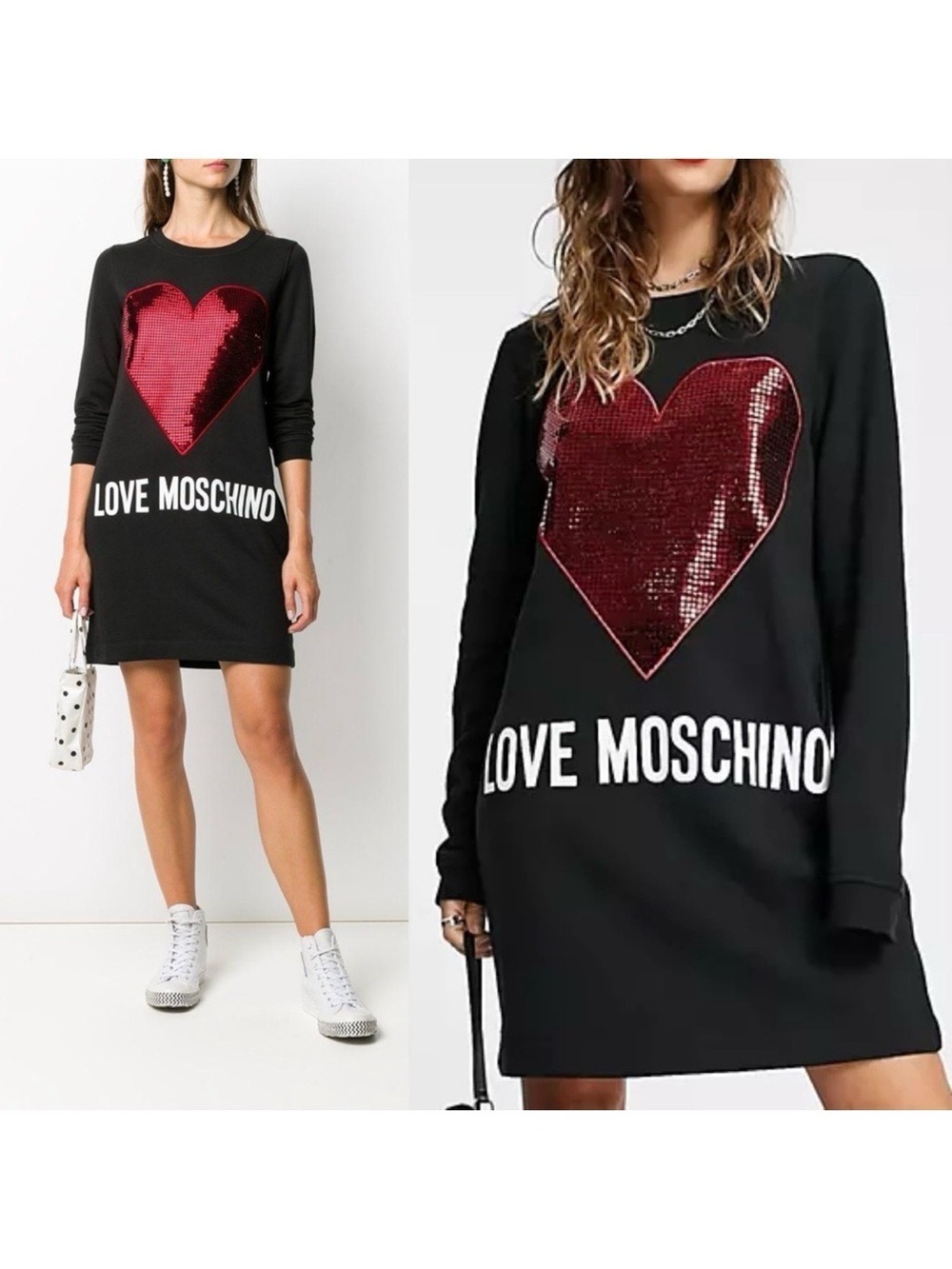 Love Moschino Black Sweatshirt Dress with Red Sequin Heart Black Size 4 - Picture 2 of 11